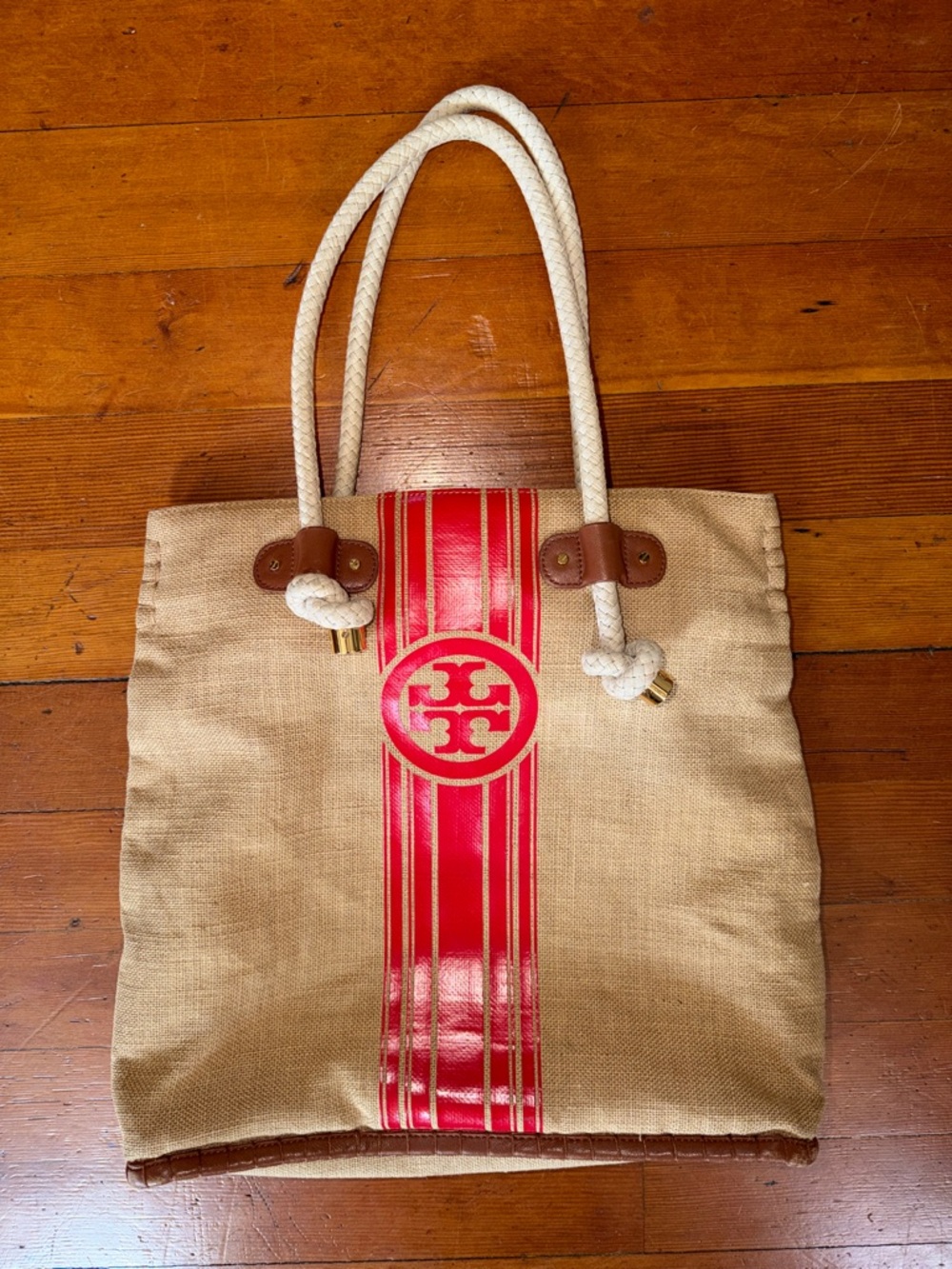 Tory Burch Tan Canvas Tote with Red Stripe and Rope Handles